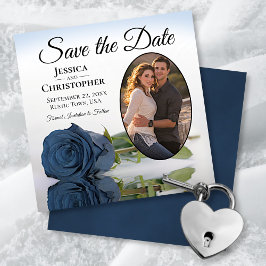 Dusty Steel Blue Rose Oval Foto Elegante Hochzeit Save The Date