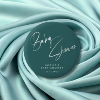 Dusty Teal Baby Shower Elegant Script Design Button