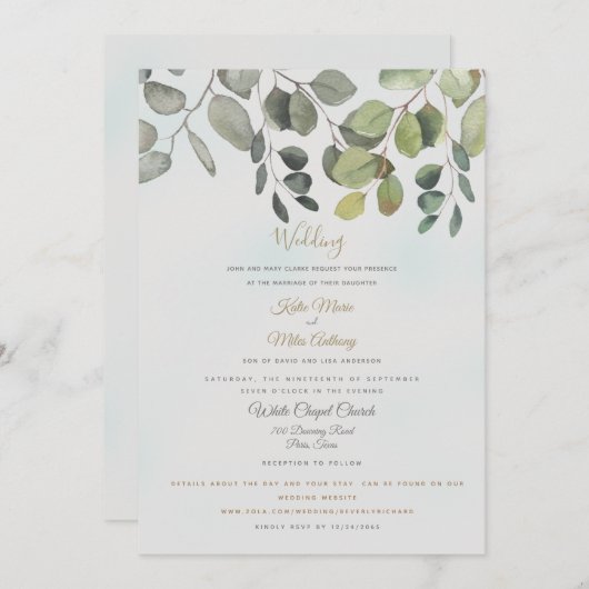 Dusty Türkise Foliage Website inklusive Hochzeit Einladung (Vorne/Hinten)