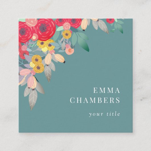Dusty Turquoise | Boho Floral Business Card Quadratische Visitenkarte (Vorderseite)