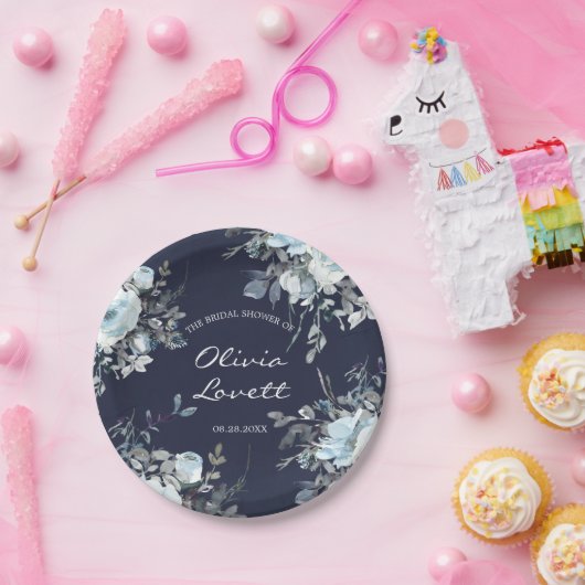 Dusty und Navy Blue Botanical Floral Brautparty Pappteller (Party)