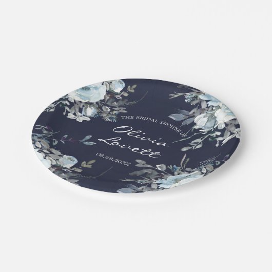 Dusty und Navy Blue Botanical Floral Brautparty Pappteller (Schrägansicht)