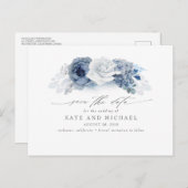 Dusty und Navy Blue Floral Boho Save the Date Postkarte (Vorne/Hinten)
