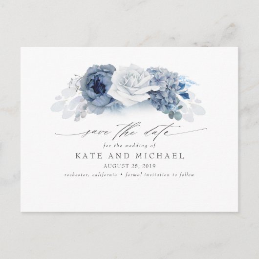 Dusty und Navy Blue Floral Boho Save the Date Postkarte (Vorderseite)