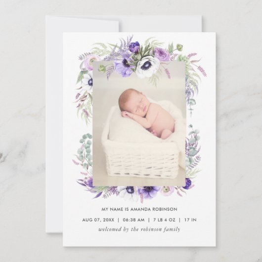 Dusty Violet Birth Announcement Foto Card Ankündigung (Vorderseite)
