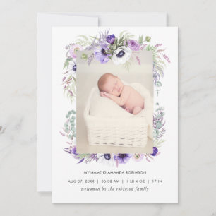 Dusty Violet Birth Announcement Foto Card Ankündigung