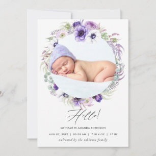 Dusty Violet Birth Announcement Foto Card Ankündigung