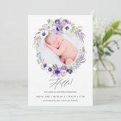Dusty Violet Birth Announcement Foto Card Ankündigung (Stehend Vorderseite)
