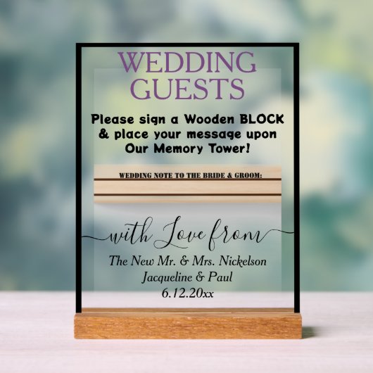 Dusty Violet Black Wooden Gästebuchnamen Acrylschild (Neutral)