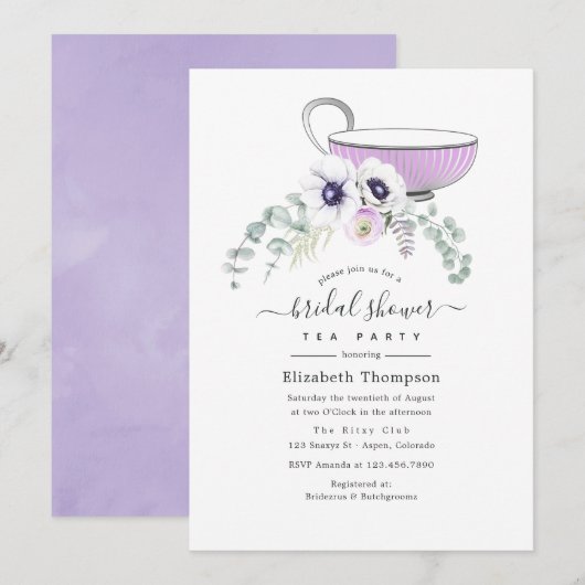 Dusty Violet Floral Brautparty Teezeremonie Party Einladung (Vorne/Hinten)