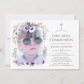 Dusty Violet Floral First Holy Communion Einladung (Vorderseite)