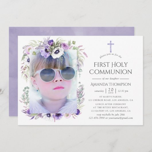 Dusty Violet Floral First Holy Communion Einladung (Vorne/Hinten)