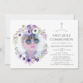 Dusty Violet Floral First Holy Communion Einladung (Vorderseite)