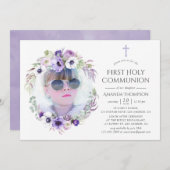 Dusty Violet Floral First Holy Communion Einladung (Vorne/Hinten)