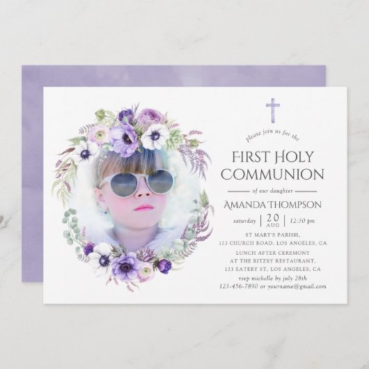 Dusty Violet Floral First Holy Communion Einladung (Vorne/Hinten)