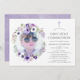 Dusty Violet Floral First Holy Communion Einladung