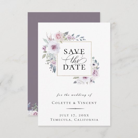 Dusty Violet Floral Gold Rahmen Save the Date Ankündigung (Vorne/Hinten)