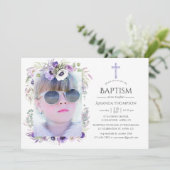 Dusty Violet Floral Taufe oder Weihnachten Einladung (Stehend Vorderseite)