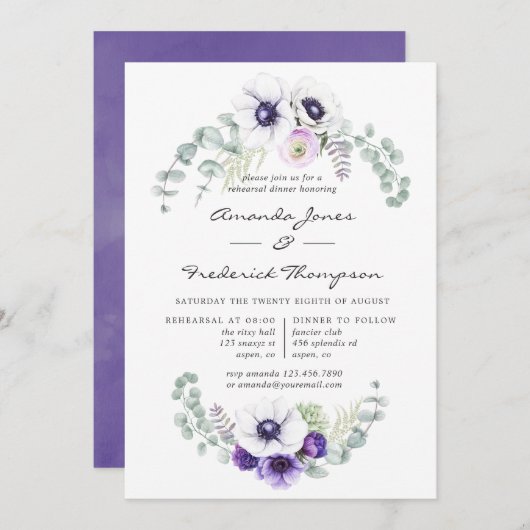 Dusty Violet Floral Wedding Probe Dinner Einladung (Vorne/Hinten)