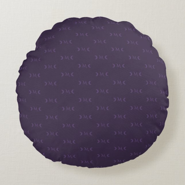 Dusty Violet Monogram Crescent Moon Pattern Rundes Kissen (Vorderseite)