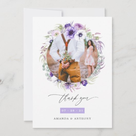 Dusty Violet Pastel Floral Wedding Foto Dankeskarte (Vorderseite)