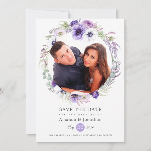 Dusty Violet Pastel Watercolor Foto Hochzeit Save The Date (Vorderseite)