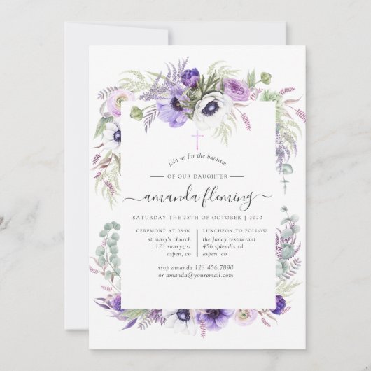 Dusty Violet Poppy Bläsertaufen oder Weihnachten Einladung (Vorderseite)