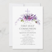 Dusty Violet Poppy Floral Erste Heilige Kommune Einladung (Vorderseite)