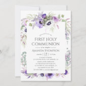 Dusty Violet Poppy Floral First Holy Communion Einladung (Vorderseite)