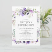 Dusty Violet Poppy Floral First Holy Communion Einladung (Stehend Vorderseite)
