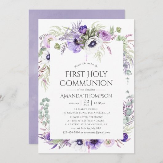 Dusty Violet Poppy Floral First Holy Communion Einladung (Vorne/Hinten)