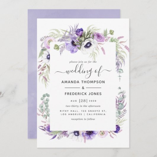 Dusty Violet Watercolor Floral Wedding Einladung (Vorne/Hinten)
