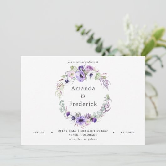 Dusty Violet Wedding Watercolor Floral Einladung (Stehend Vorderseite)