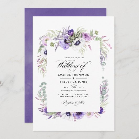 Dusty Violet Wedding Watercolor Floral Foto Einladung (Vorne/Hinten)