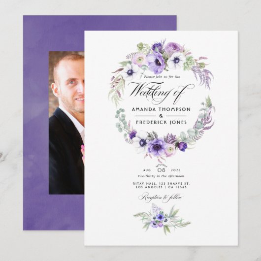 Dusty Violet Wedding Watercolor Floral Foto Invit Einladung (Vorne/Hinten)