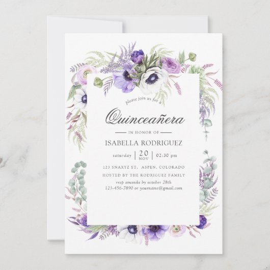 Dusty Violet Wedding Watercolor Quinceañera Einladung (Vorderseite)