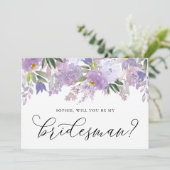 Dusty violette Blumen werden Sie mein Bridesman se Einladung (Stehend Vorderseite)