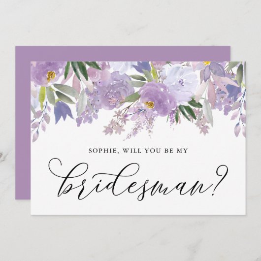 Dusty violette Blumen werden Sie mein Bridesman se Einladung (Vorne/Hinten)