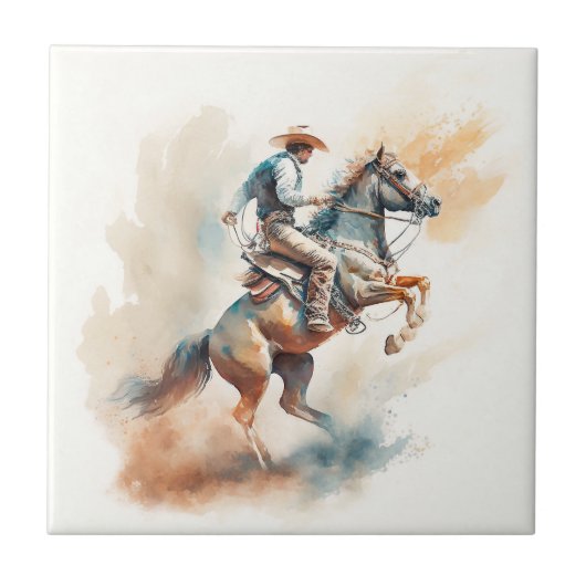 Dusty Western Wasserfarbe "Bucking Bronco" Fliese (Vorderseite)