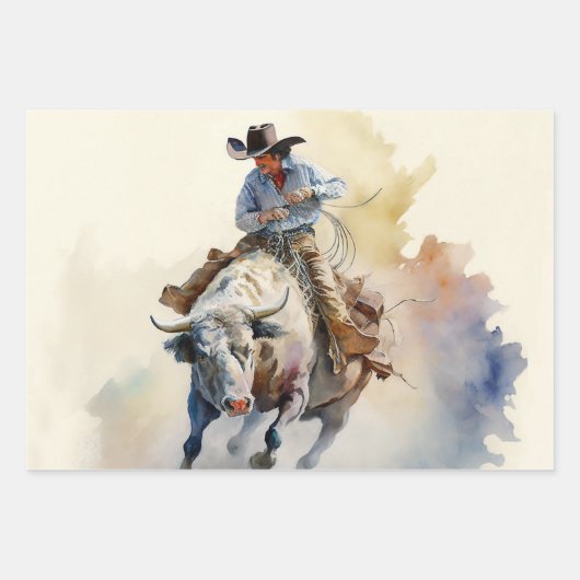 Dusty Western Wasserfarbe "Rodeo Bull Rider" Geschenkpapier Set (Vorderseite)