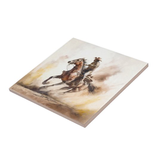 Dusty Western Watercolor Cowboy Riding Mustang Fliese (Seite)