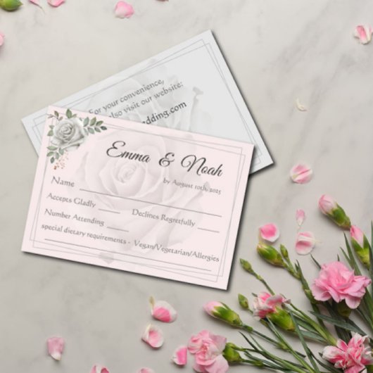 Dusty White Roses Wedding RSVP Response Card Karte