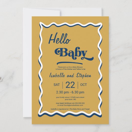 Dusty Yellow & Blue Modern Hello Baby Dusche Einladung (Vorderseite)