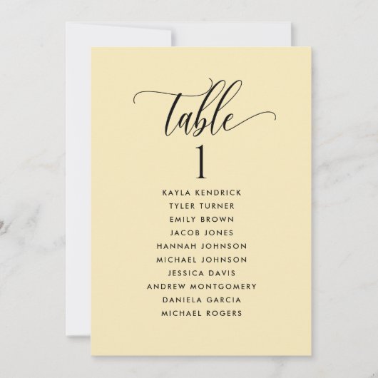 Dusty Yellow Seating Plan Cards mit Gästennamen (Vorderseite)