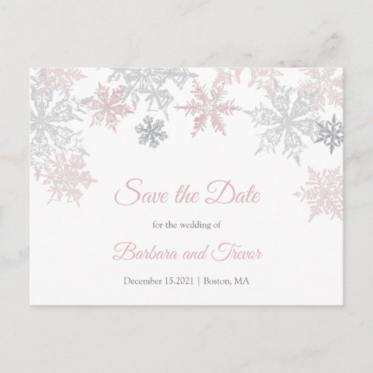 Dusy Pink & Silver Snowflakes Winter Save the Date Ankündigungspostkarte (Vorderseite)