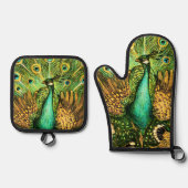 Dutch Art Nouveau Peacock and Chickens Ofenhandschuh & Topflappen-Set (Vorderseite)