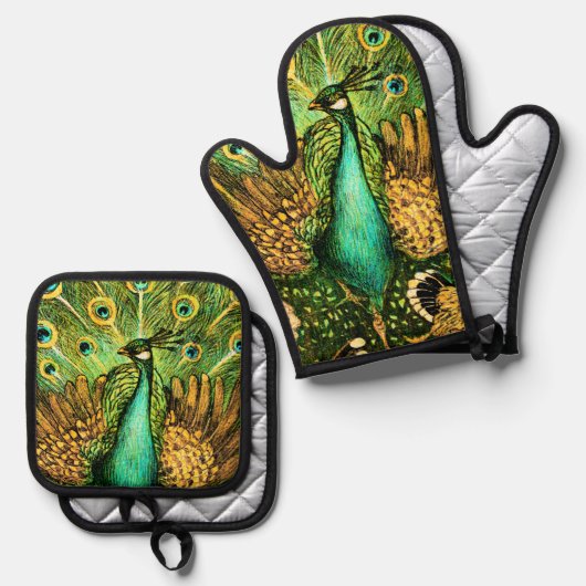 Dutch Art Nouveau Peacock and Chickens Ofenhandschuh & Topflappen-Set (Vorderseite/Rückseite)