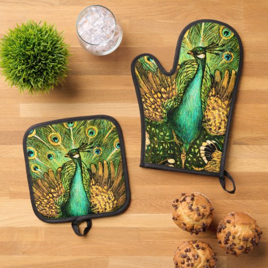 Dutch Art Nouveau Peacock and Chickens Ofenhandschuh & Topflappen-Set (Oben Unten)