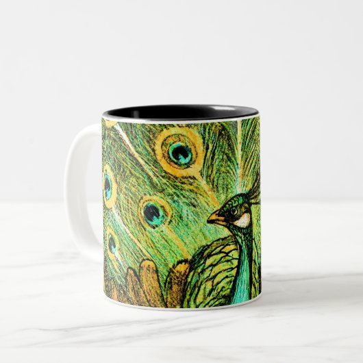 Dutch Art Nouveau Peacock and Chickens Zweifarbige Tasse (Vorderseite Links)