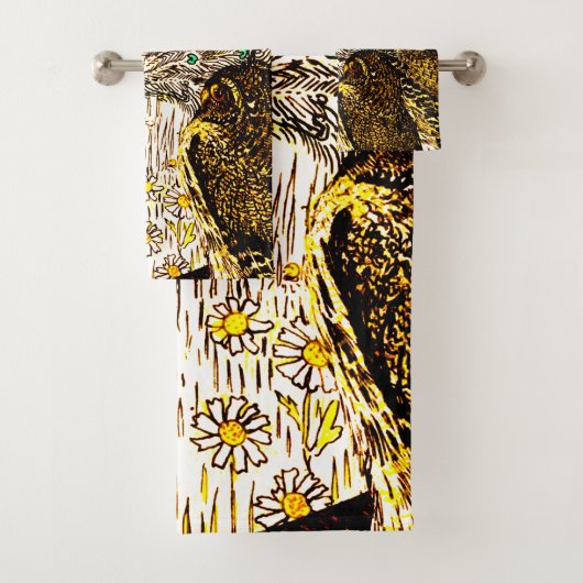 Dutch Art Nouveau Peacock and Owls Badhandtuch Set (Insitu)